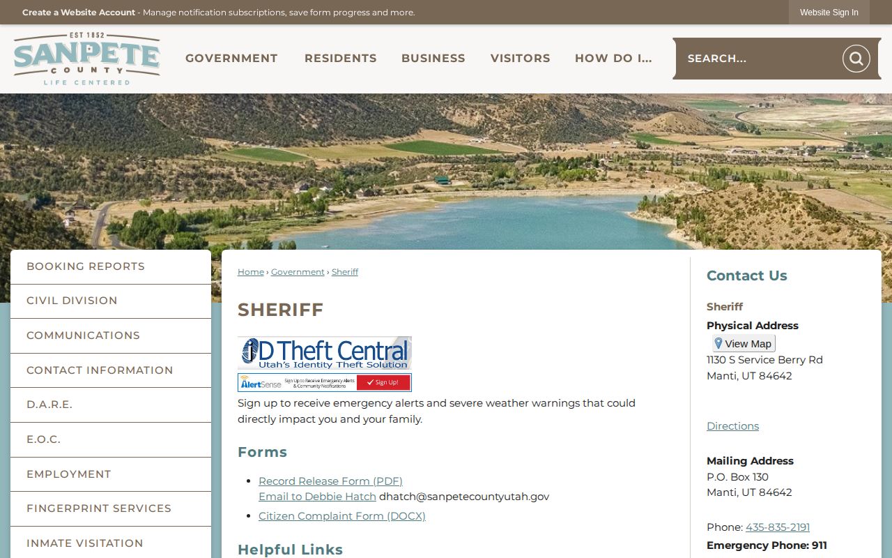 Sanpete County Sheriff contact details for a 72-hour jail release request