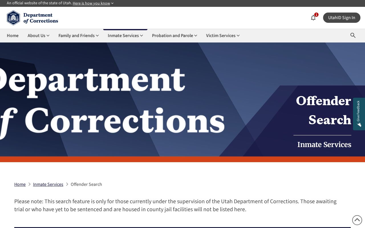 Central Utah Correctional Facility release status in the Utah corrections offender search